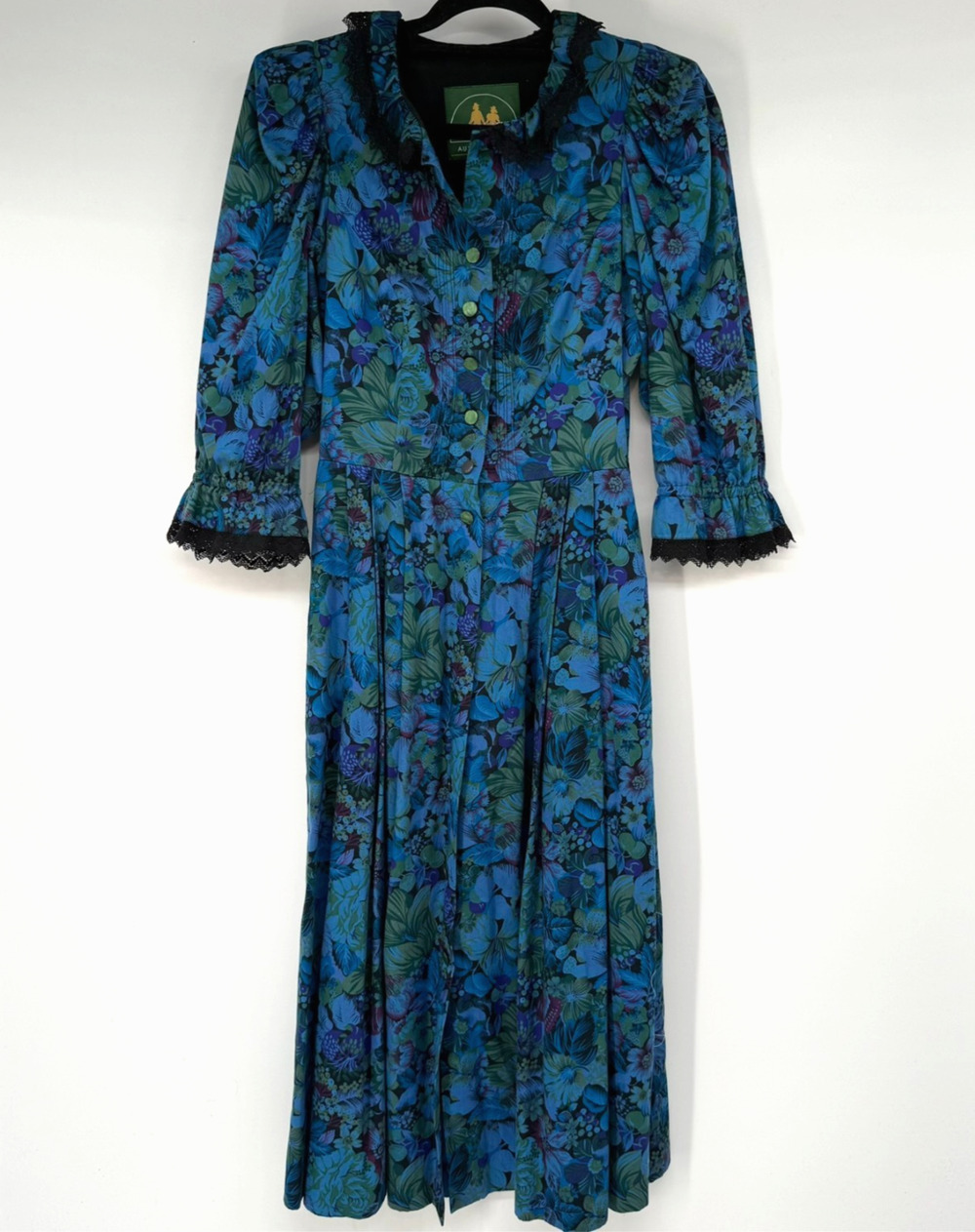 VTG Wenger Austrian Style Dress Womens 40 US 8-10 Blue Floral Button Cottagecore